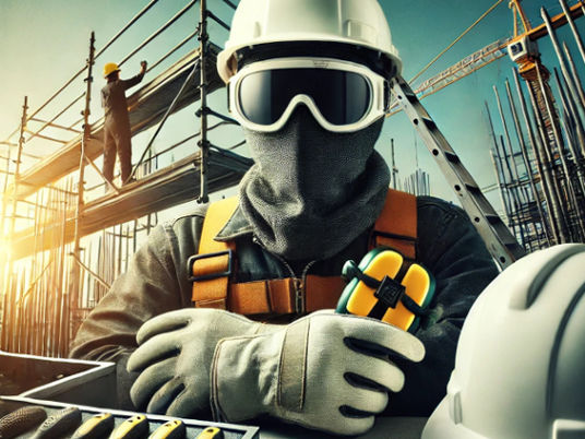 A worker wearing a helmet, goggles, and gloves at a construction site with scaffolding in the background.