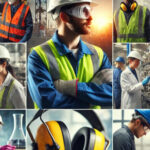 A diverse group of workers wearing varied safety gear, including hard hats, goggles, and ear protection, in different workplace settings.