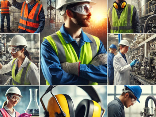 A diverse group of workers wearing varied safety gear, including hard hats, goggles, and ear protection, in different workplace settings.