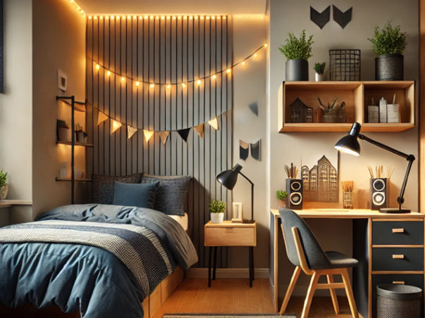 A cozy and stylish dorm room for guys, featuring a bed with navy and grey bedding, a modern desk with a lamp, string lights on the wall, and potted plants on a shelf. The room has a warm and inviting ambiance.How to Decorate a Dorm Room for Guys