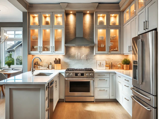 Modern kitchen remodel featuring sleek quartz countertops, soft-close cabinets, stainless steel appliances, under-cabinet lighting, and a stylish backsplash. Highlights the steps to successful kit